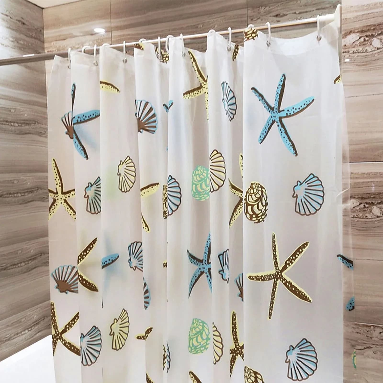 1pc Starfish Conch Printed Shower Curtain with Metal Grommets, Ocean Plastic Bath Curtain with Hooks, Bathroom Decor Accessories