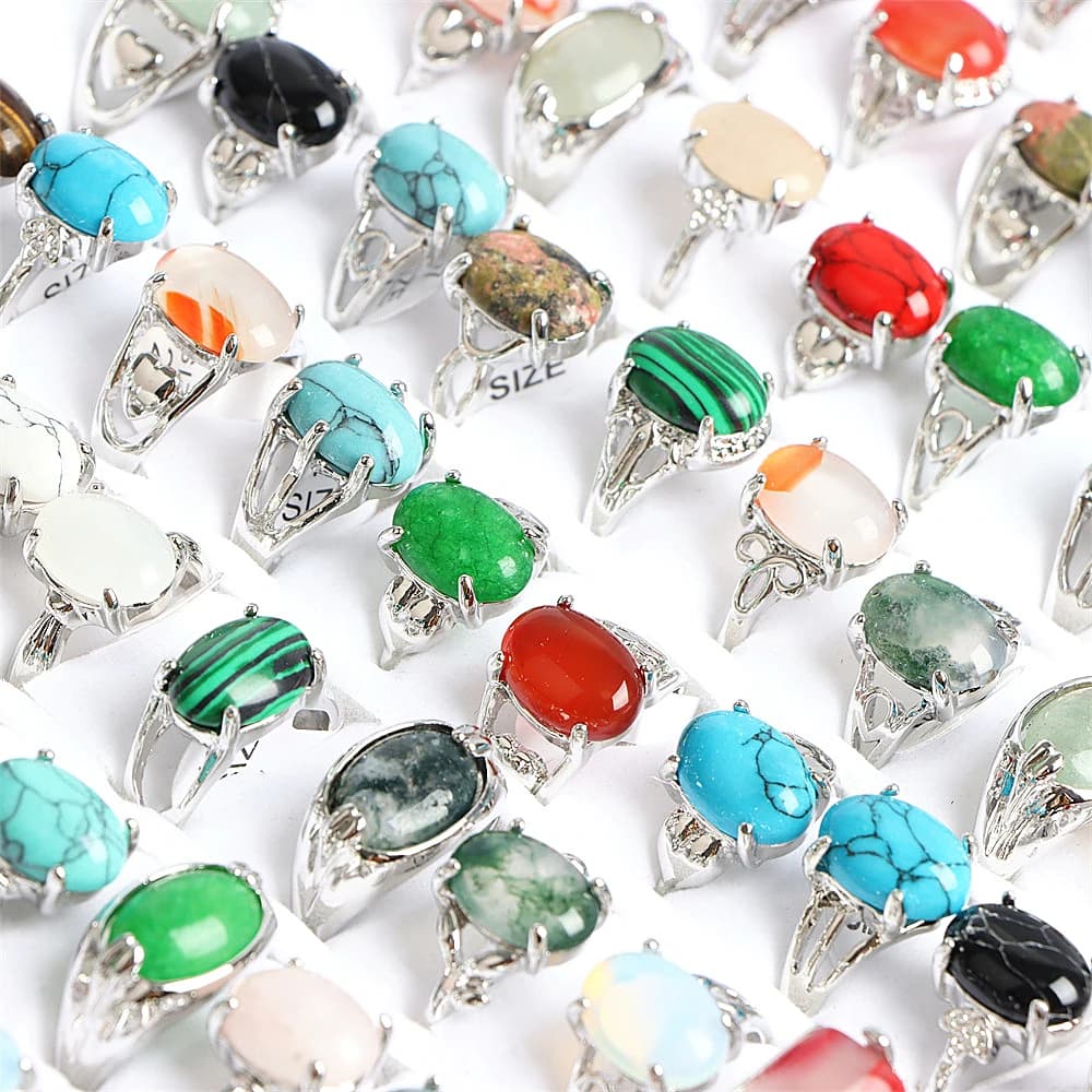 10Pcs/Lot Fashion Bohemian Natural Stone Rings Jewelry Men's Women's Rings Daily Party Jewelry  Randomly Shipped