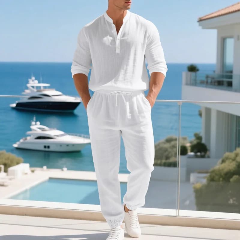 American loose linen set for men autumn Hawaiian home commuter thin Henry shirt long sleeve pants set