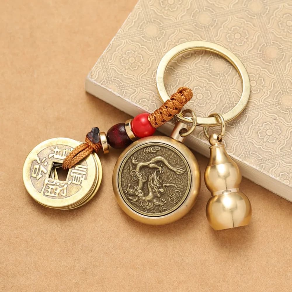 12 Chinese Zodiacs Rotating Keychain Copper Gourd Five Emperor Coins 3-piece Key Pendant