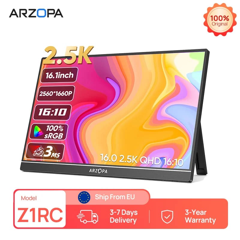 ARZOPA 16inch 2K Portable Monitor 16:10 IPS Screen with Type-C Mini HDMI Second Display for MAC/Laptop/PC/Xbox/PS4/5/Switch,Z1RC