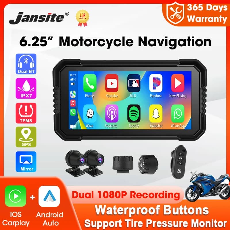 Jansite Portable 6.25" Motorcycle GPS Navigation Wireless Carplay Android Auto DVR Drive Recorder Moto Monitor IPX7 Waterproof