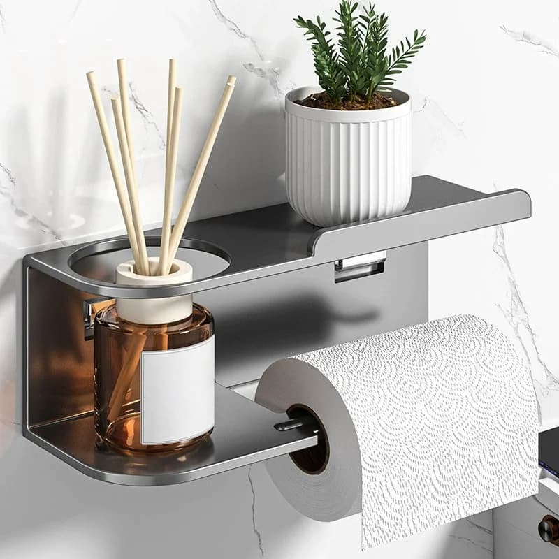 Self Adhesive Toilet Paper Holder with Phone Shelf Stainless Steel Wall Mounted Toilet Paper Roll Holder - Rustproof
