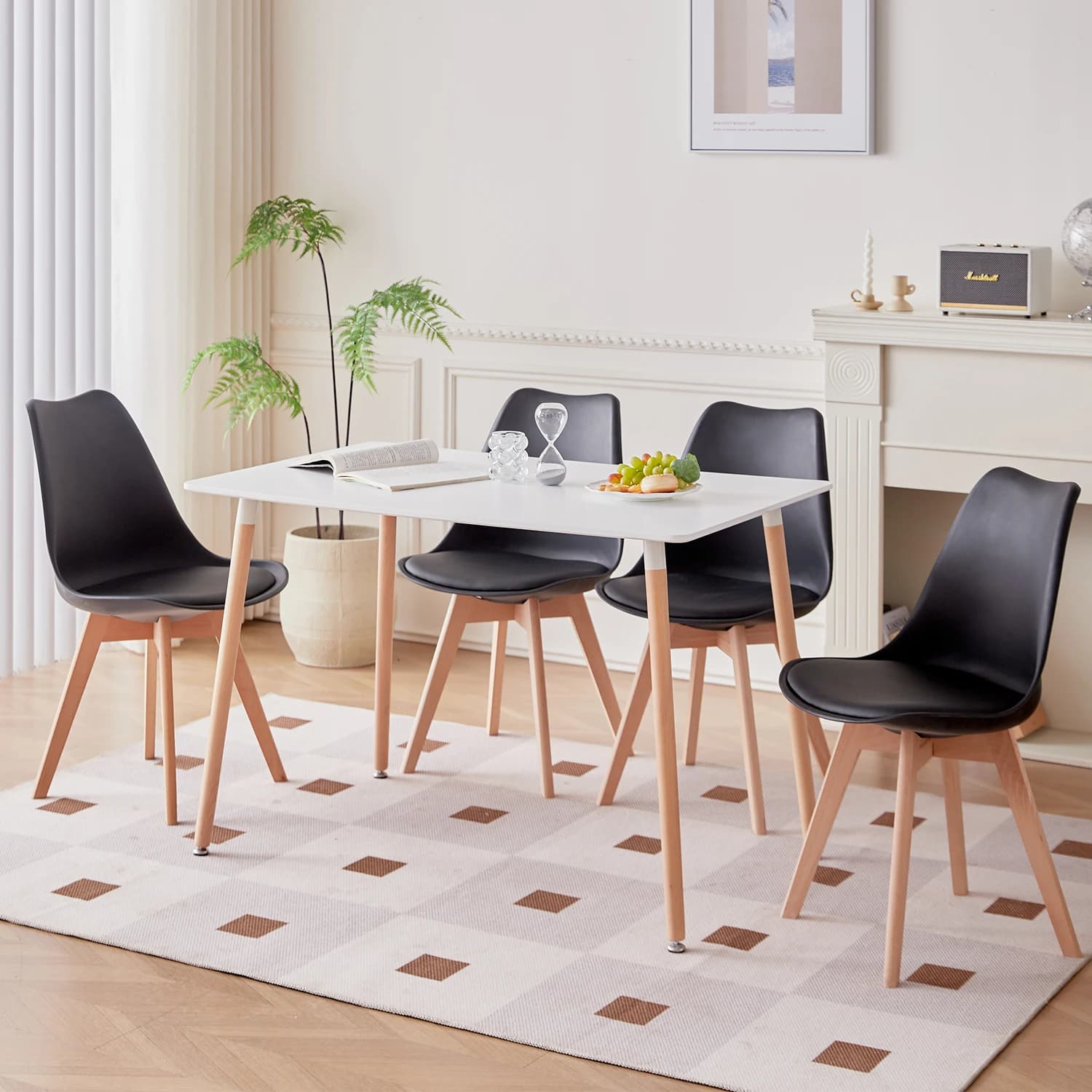 GrandCA HOME Dining Table and Chairs Set, Rectangular Kitchen Table w/ 4xChairs, Modern Style, Wooded Legs,for Living ROOM 110CM