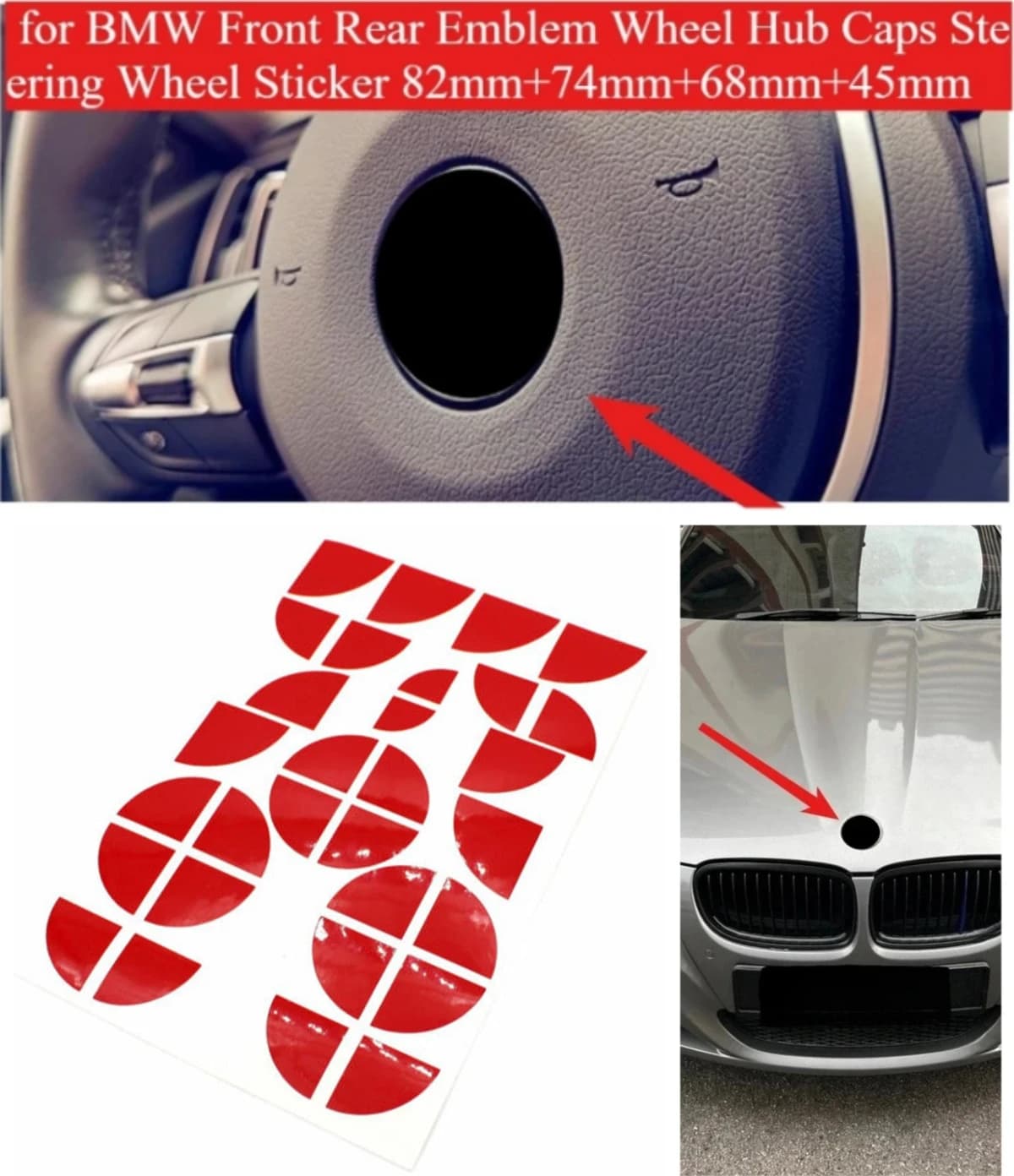 7pcs New Black Fit for BMW Front Rear Emblem Wheel Hub Caps Steering Wheel Sticker 82mm+74mm+68mm+45mm Tools Cars Accessories