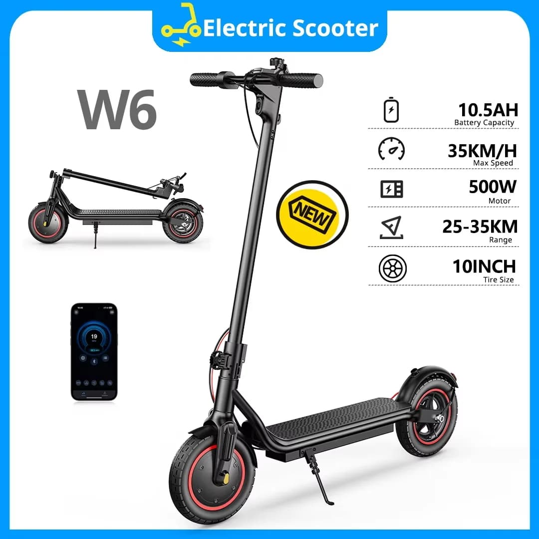 10 inch W6 Electric Scooter 500W Motor 36V 10.5Ah  25-30km Range Inflatable Tire Speed 35km/h rear Disc Brake e Scooter With App