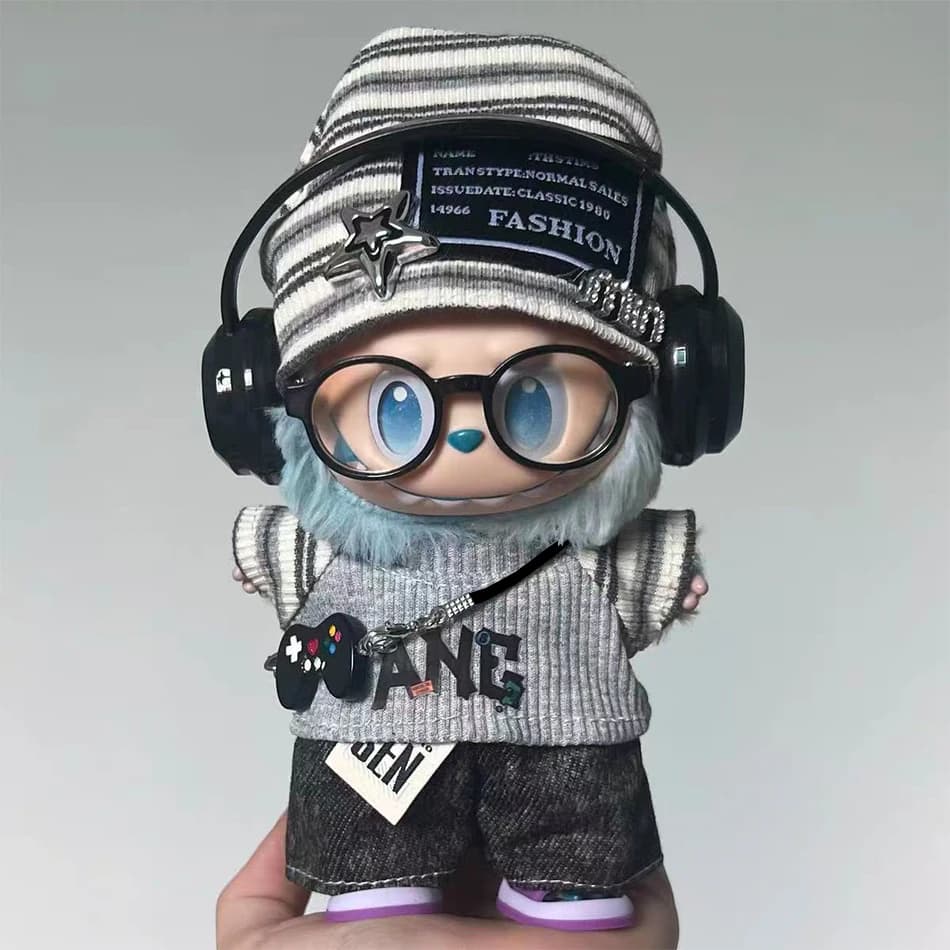 For Labubu 15-17cm Cloth Korean Grey Star Hat Suit Pull Bubu Baby Clothes 123rd Generation High-energy Hope Vinyl Doll Clothes