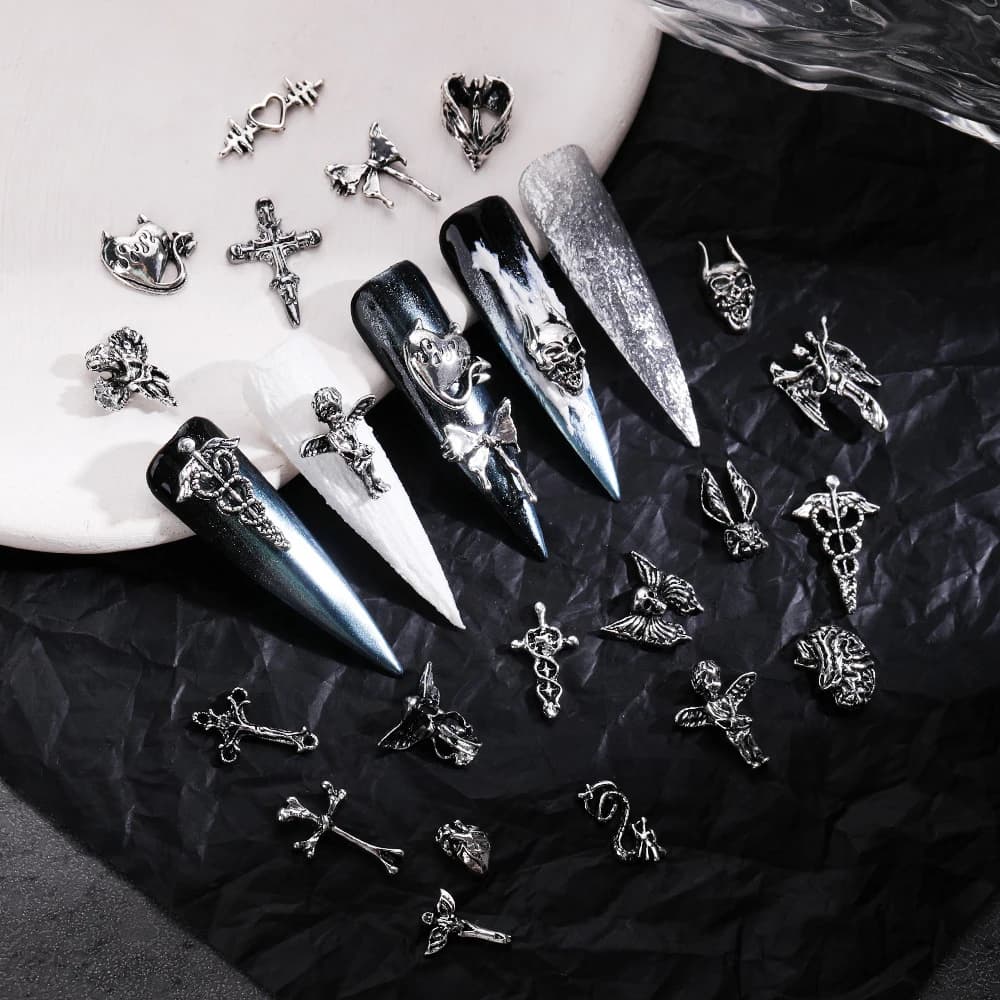 20pcs Style Mix Halloween Nail Art Charm Silver Cross Retro 3D Nail Decoration for Manicure DIY Design Metal Accessories Parts