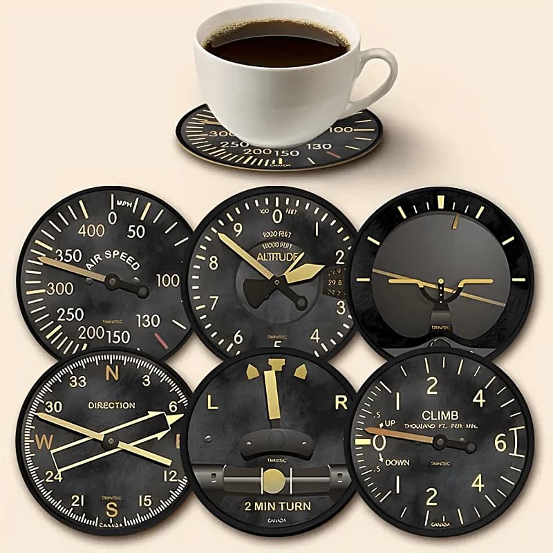 2D 6pcs Wooden Coasters round Aircraft Instrument Design Home Dining Table Decoration Gift for Aviation Enthusiasts