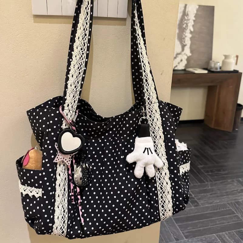 Korean Vintage Canvas Shoulder Bag Women Cute Lace Large Capacity Tote Bag Multi Pocket Handbag Fashion Round Dot Underarm Bag