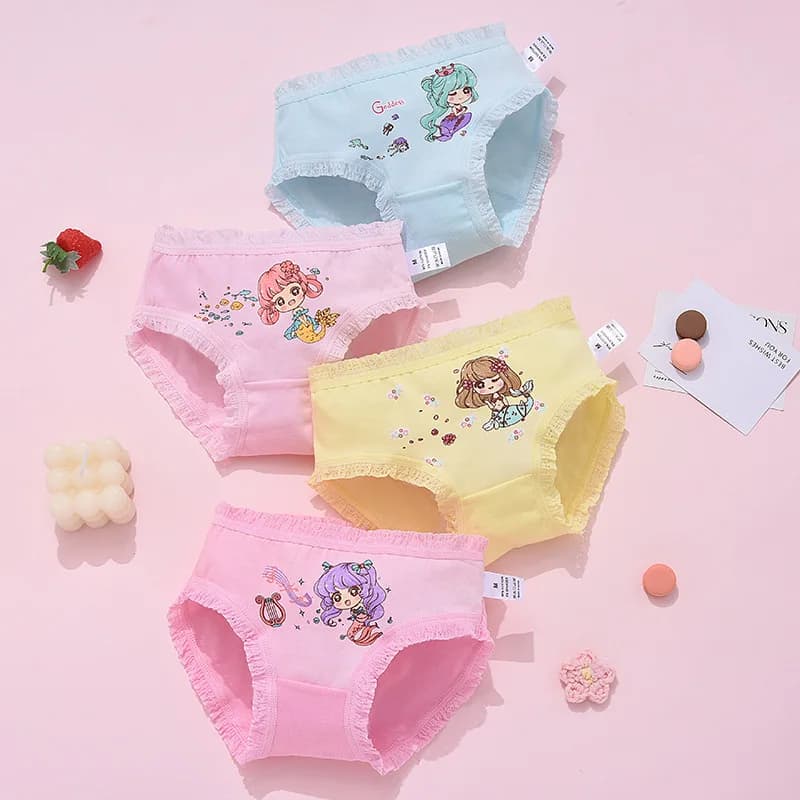 4Pcs/Lot Cute Mermaid Girls Panties Cotton Briefs Soft Breathable Kids Underwear Cartoon Lace Trim Children Clothing For 2-10Y