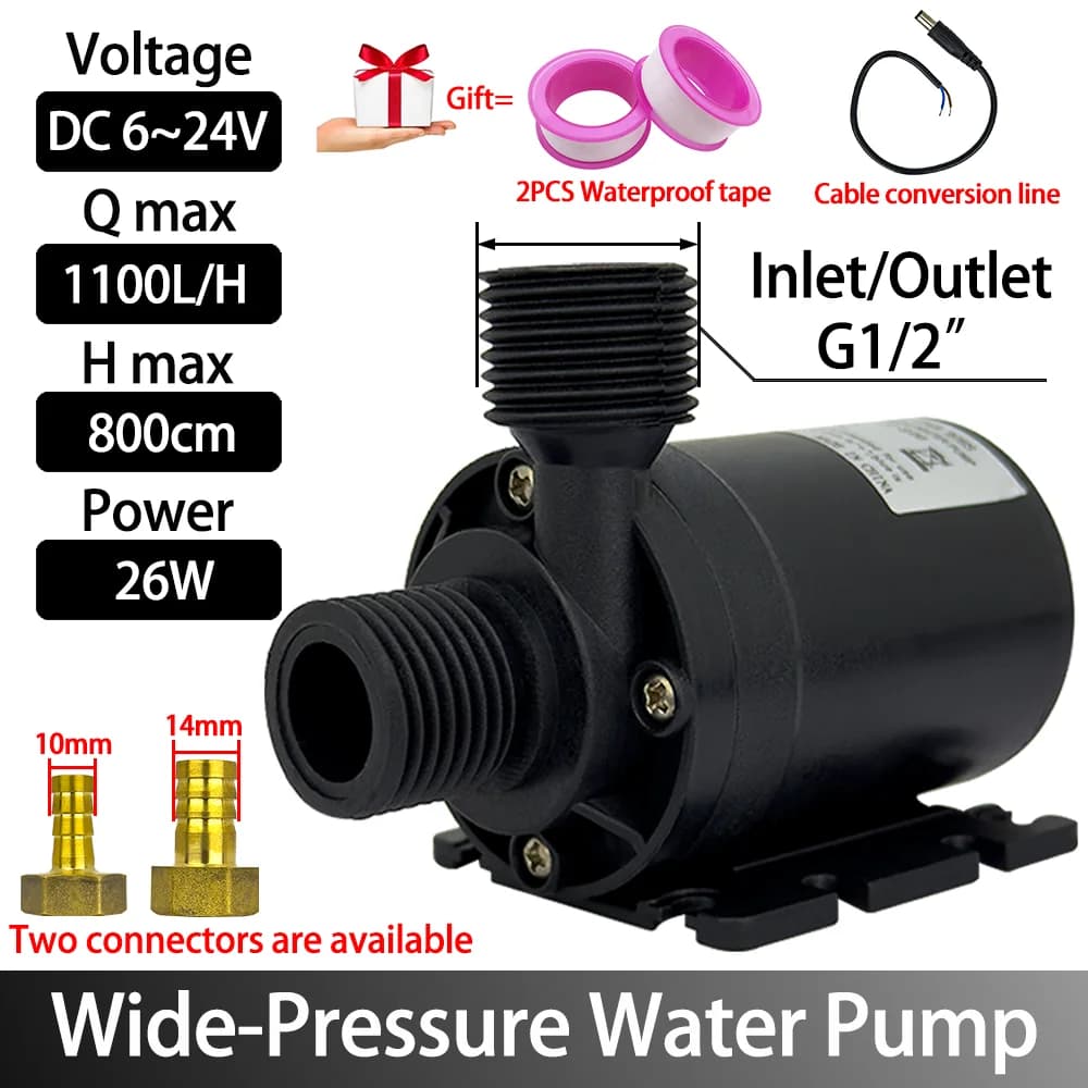 Brushless Motor Water Pump, DC6~24V 1100L/H, 8M Head G1/2" Submersible Pump, Fountain Water Heater, Shower Booster Pump, IP68