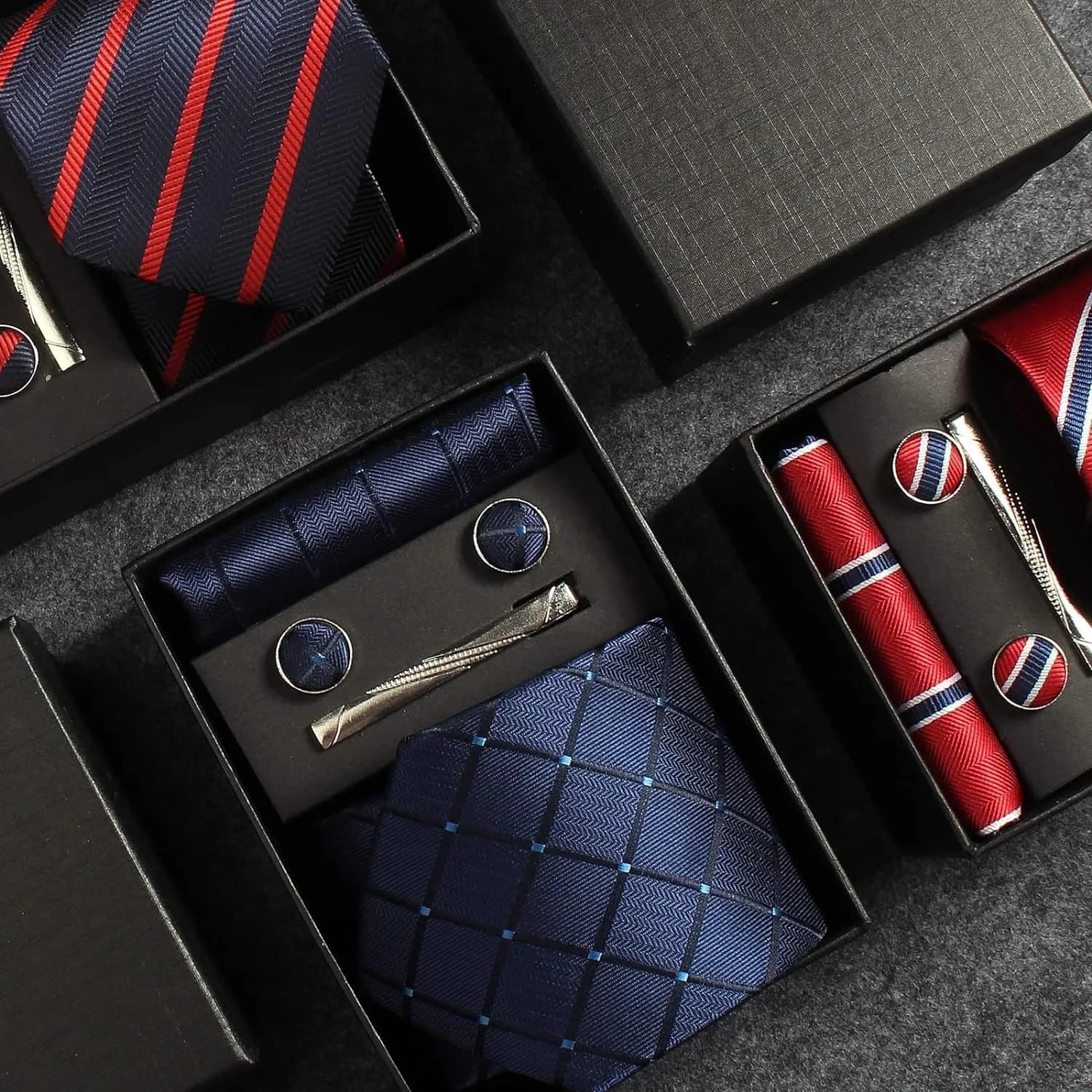 Classic 100% Silk Men's Ties In Gift Box 8cm Plaid Dot Striped Business Necktie Handkerchief Cufflinks Wedding Party Tie Set