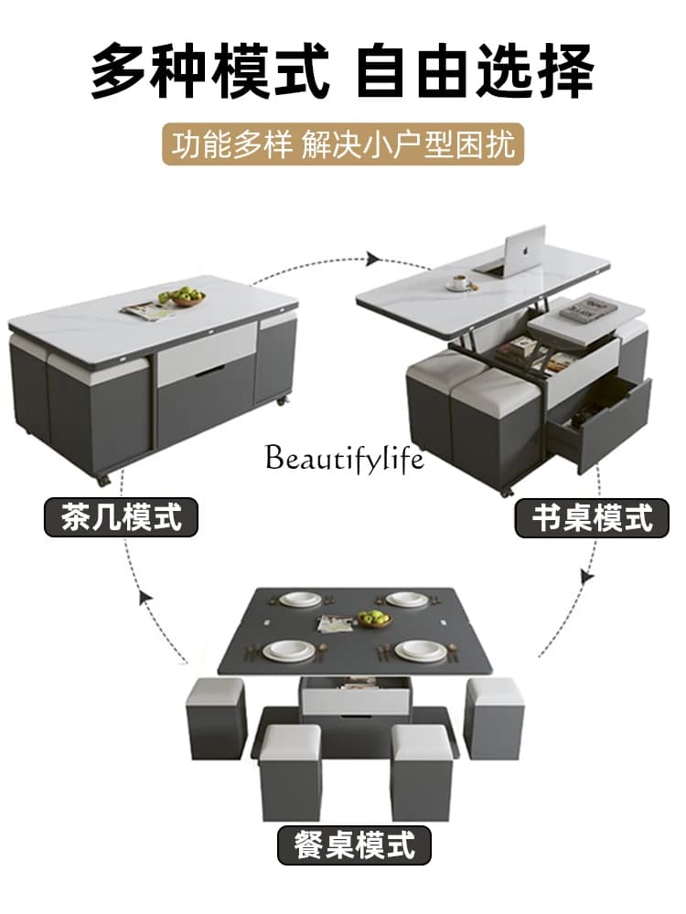 yj58 Rock slab multi-functional lifting coffee table living room home folding integrated tea dining table