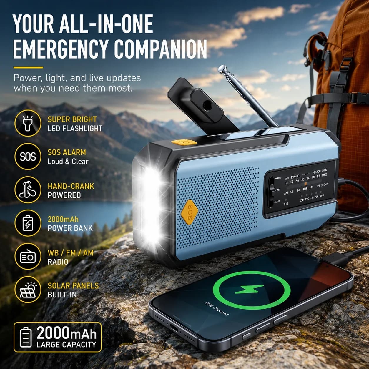 Weather Radio Emergency Multifunctional Radio FM AM WB Hand Crank Solar USB Charging 2000mAh Power Bank LED Flashlight Torch