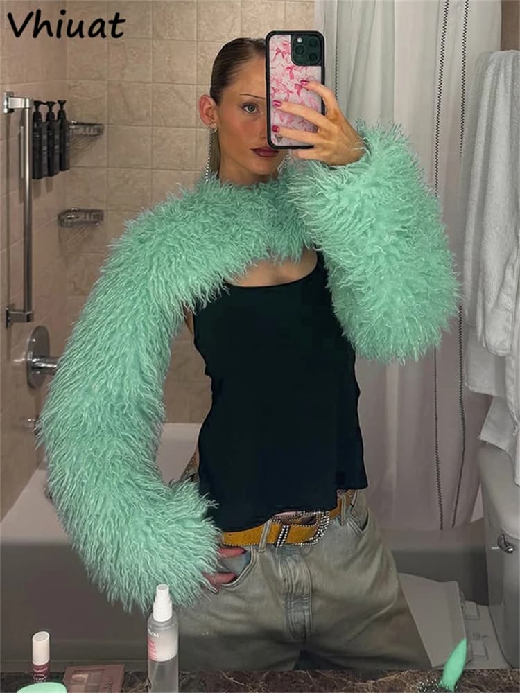 Vhiuat Sexy Women's Faux Fur Long Sleeve Crop Tops Autumn Winter New Holiday Fashion Chic All-match Streetwear Tank Tops 2026
