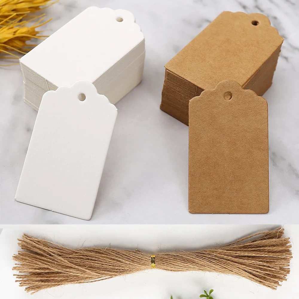 50pcs Kraft Paper Tags White Cardboard Cards with Strings Wedding Birthday Christmas Party Gift Tag Cookie Packaging Supplies