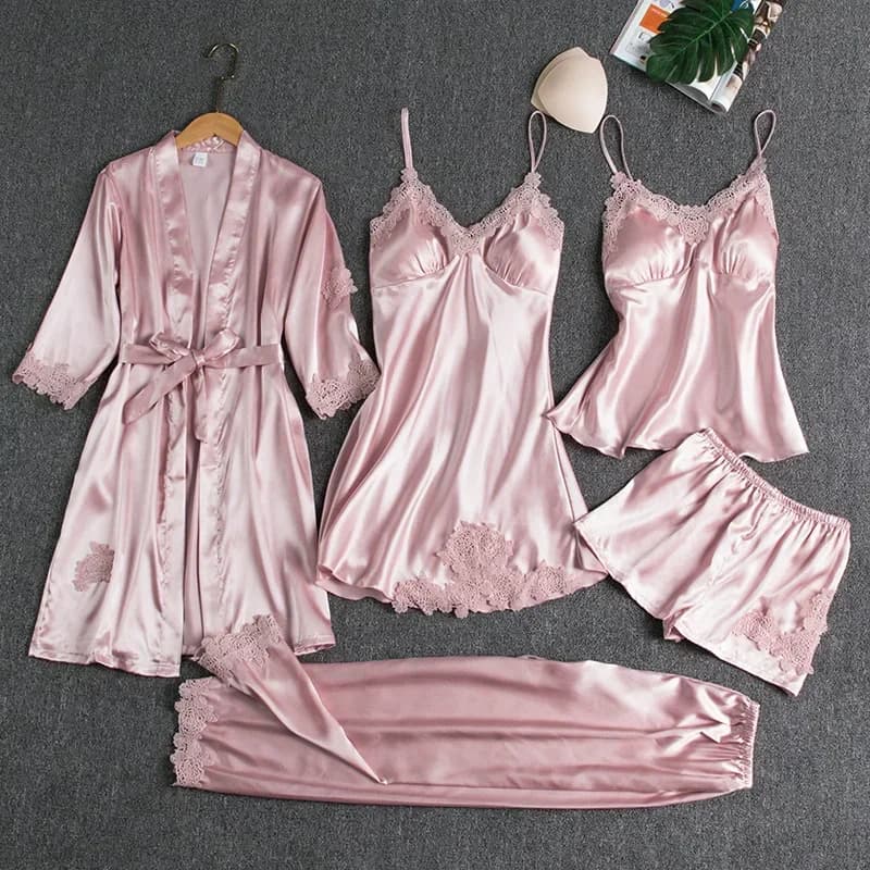 5 Pieces Satin Pajamas Set for Women, Lace Robe Nightdress Sleepwear Set with Cami Vest Cardigan Trouser, Sexy Silky Nightwear Lingerie Gown, Home