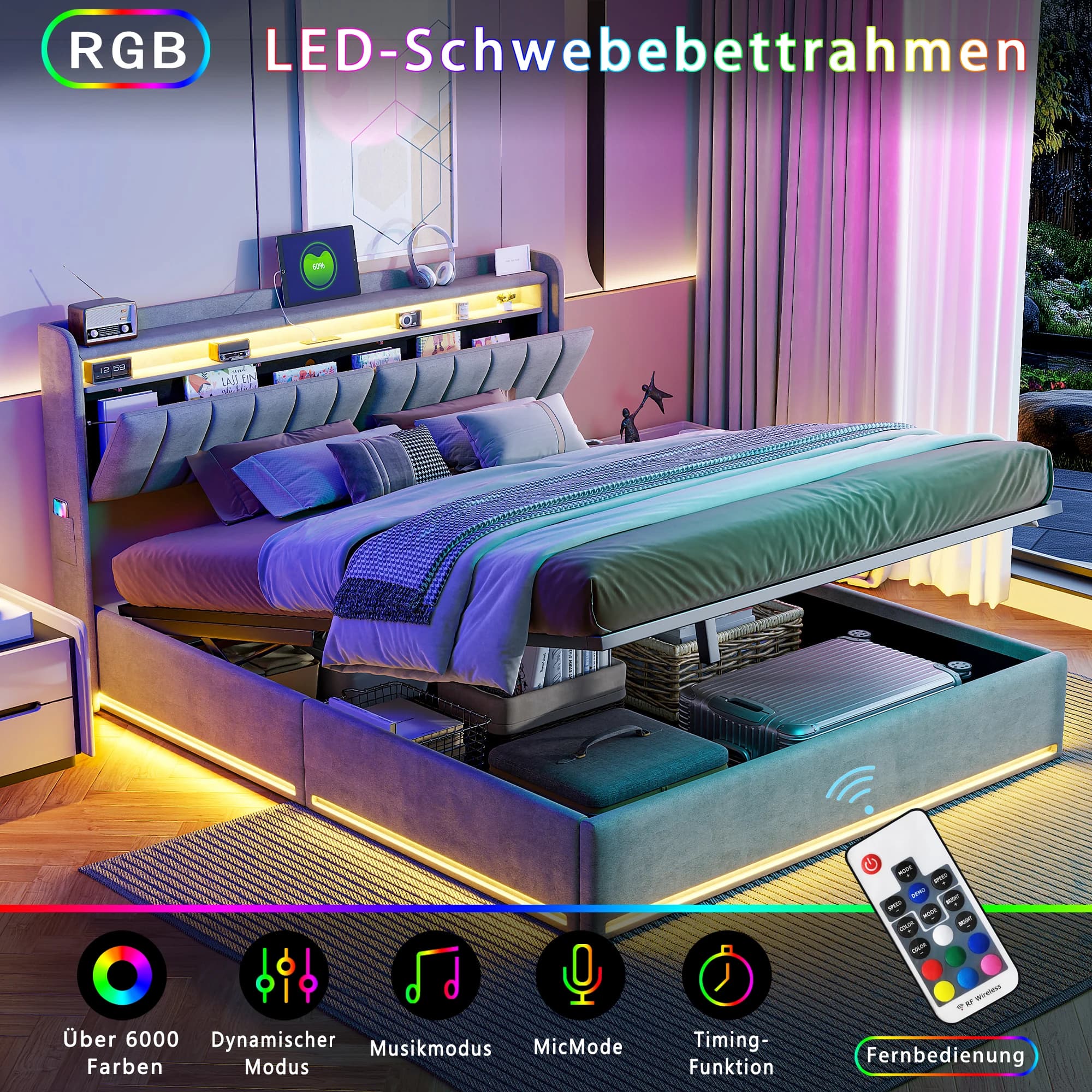 Rosahqnda 90/140/160*200cm Doppelbett,Kopfteil mit LED-Beleuchtung,USB-Anschlüssen und Ablagefach,Stauraumbett,Gästebett,Samt