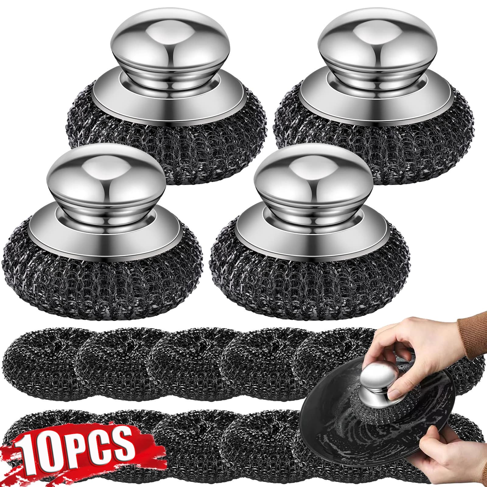 1-10PCS Stainless Steel Pot Brush with Handle Heavy Duty Dishwashing Wire Ball Metal Scrubber for Home Kitchen Cleaning Tool