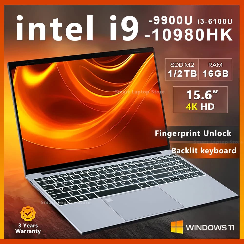 15.6"Laptop Intel i9 10980HK/i9 9900U/i3 Windows 11 Gamer PC 16GB RAM Computer 1TB 2TB SSD Fingerprint Unlock Keyboard Backlight