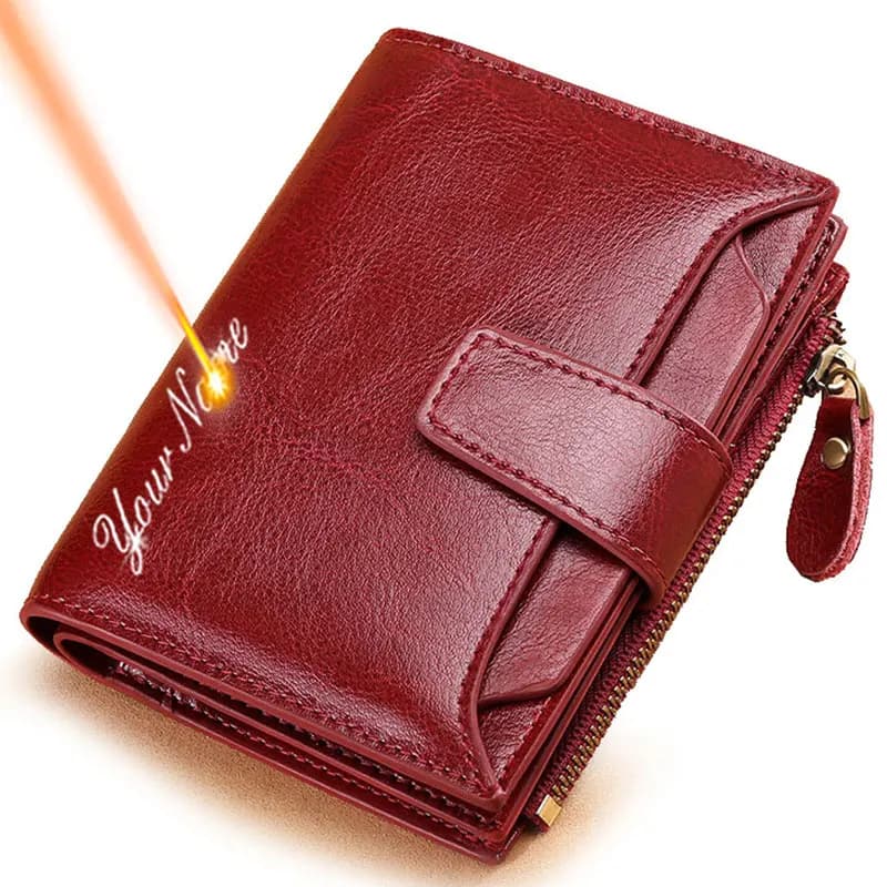 New Short Women Wallets Genuine Leather Zipper Coin Pocket Women Purse Name Engraved Quality Card Holder Kpop Female Wallet