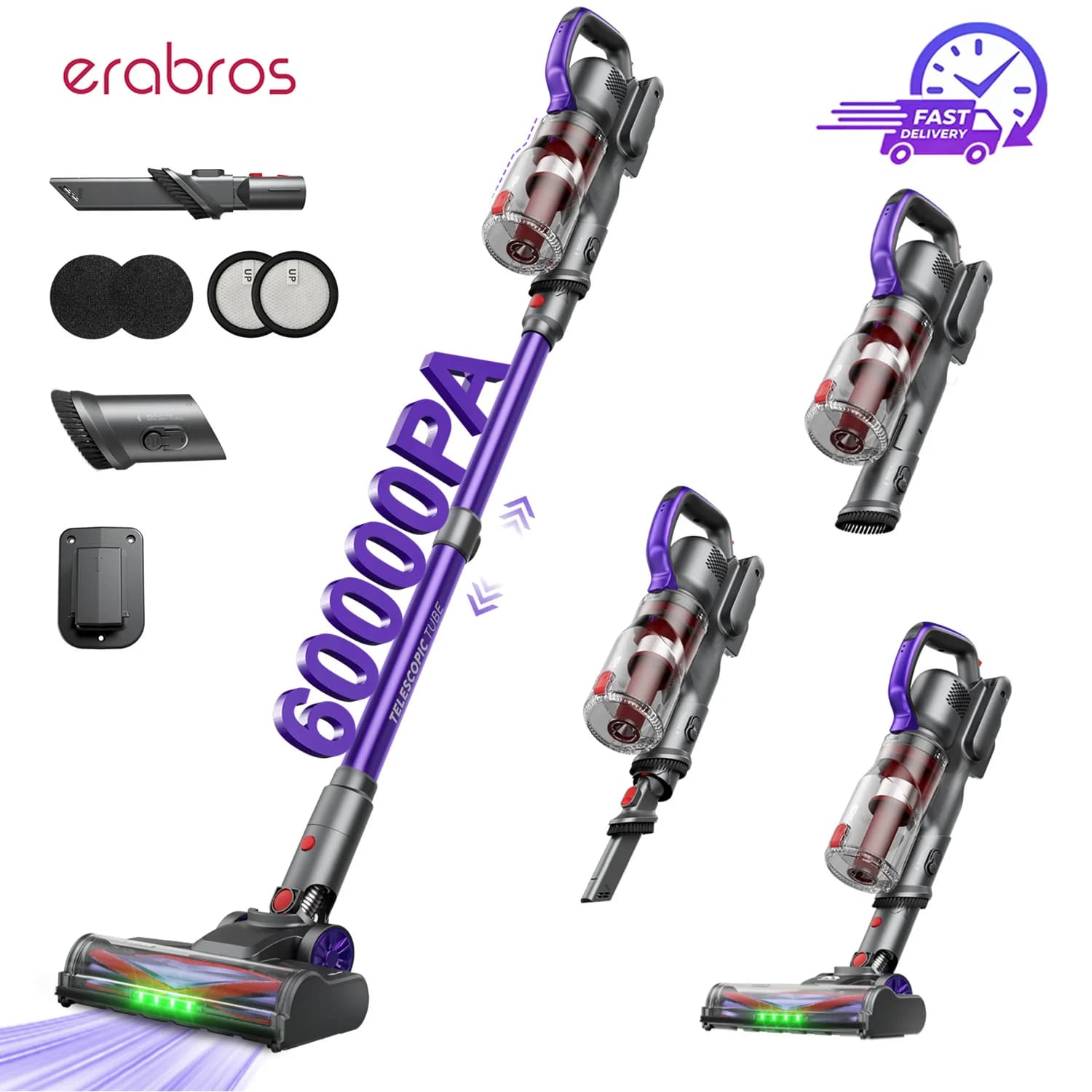 Erabros EV3 Cordless Vacuum Cleaner 60Kpa Suction 60mins Long Runtime 3 Modes Handheld Ultralight Vacuum Removable Battery