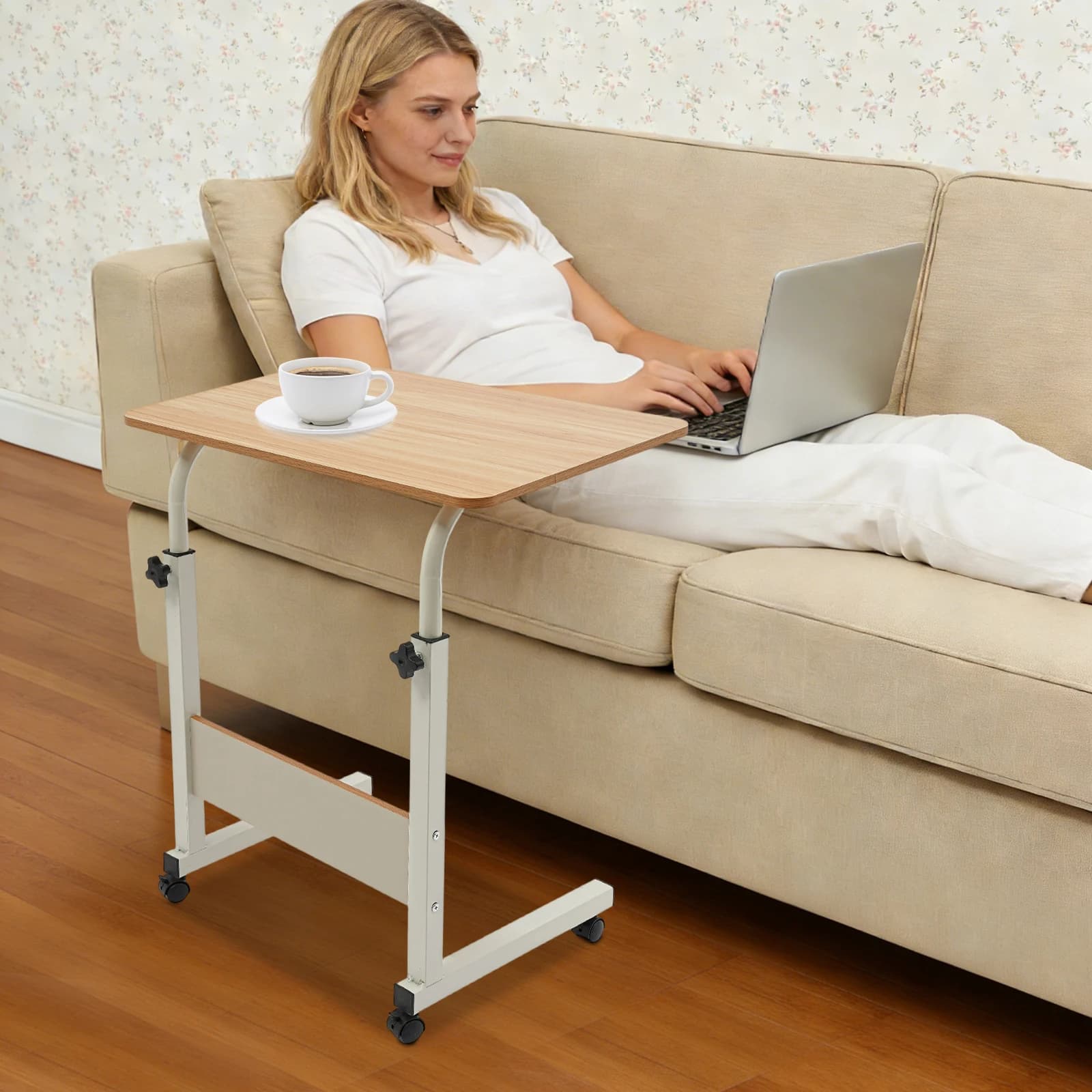 24x16''FReestanding Computer Desk,Adjustable Height Laptop Stand with Braked Wheels,Space-Saving Rolling for Small Apartment