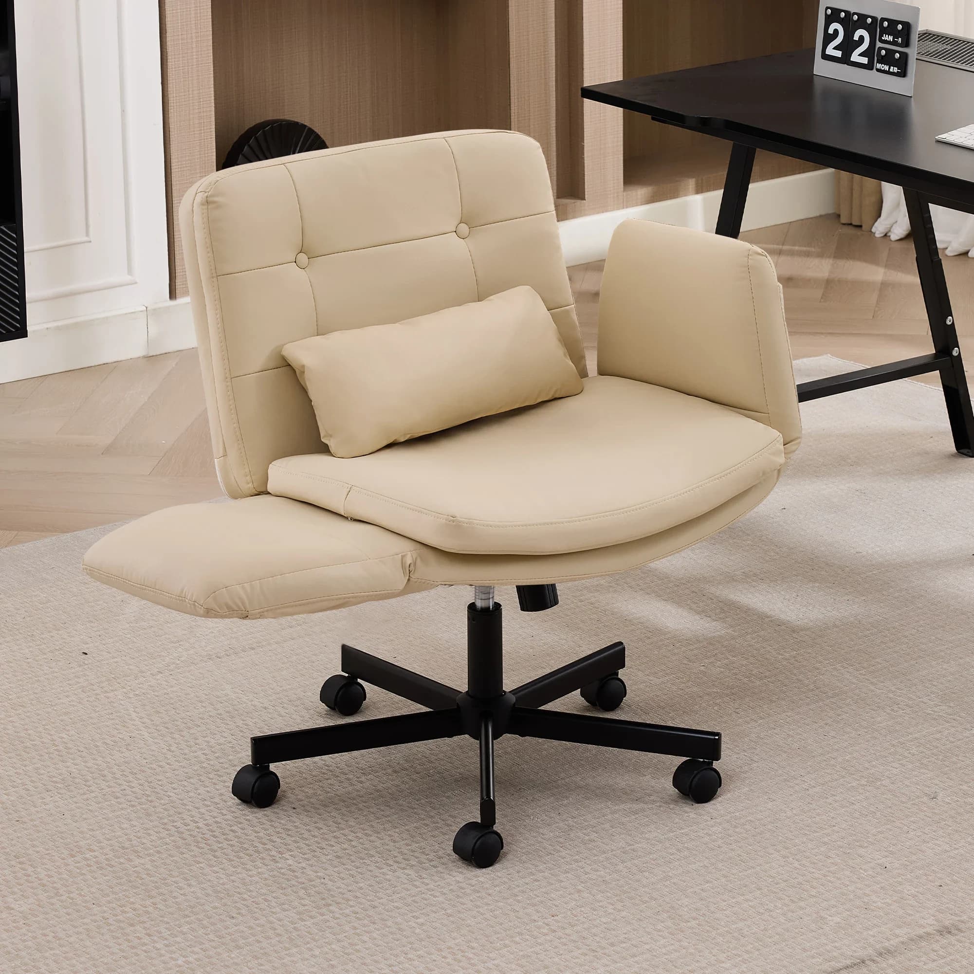 TCGBKAF Beige Criss Cross Chair with Adjustable Arms PU Leather Swivel Vanity Chair with Side Pockets Ergonomic Cross Legged Office Chair with Wheels
