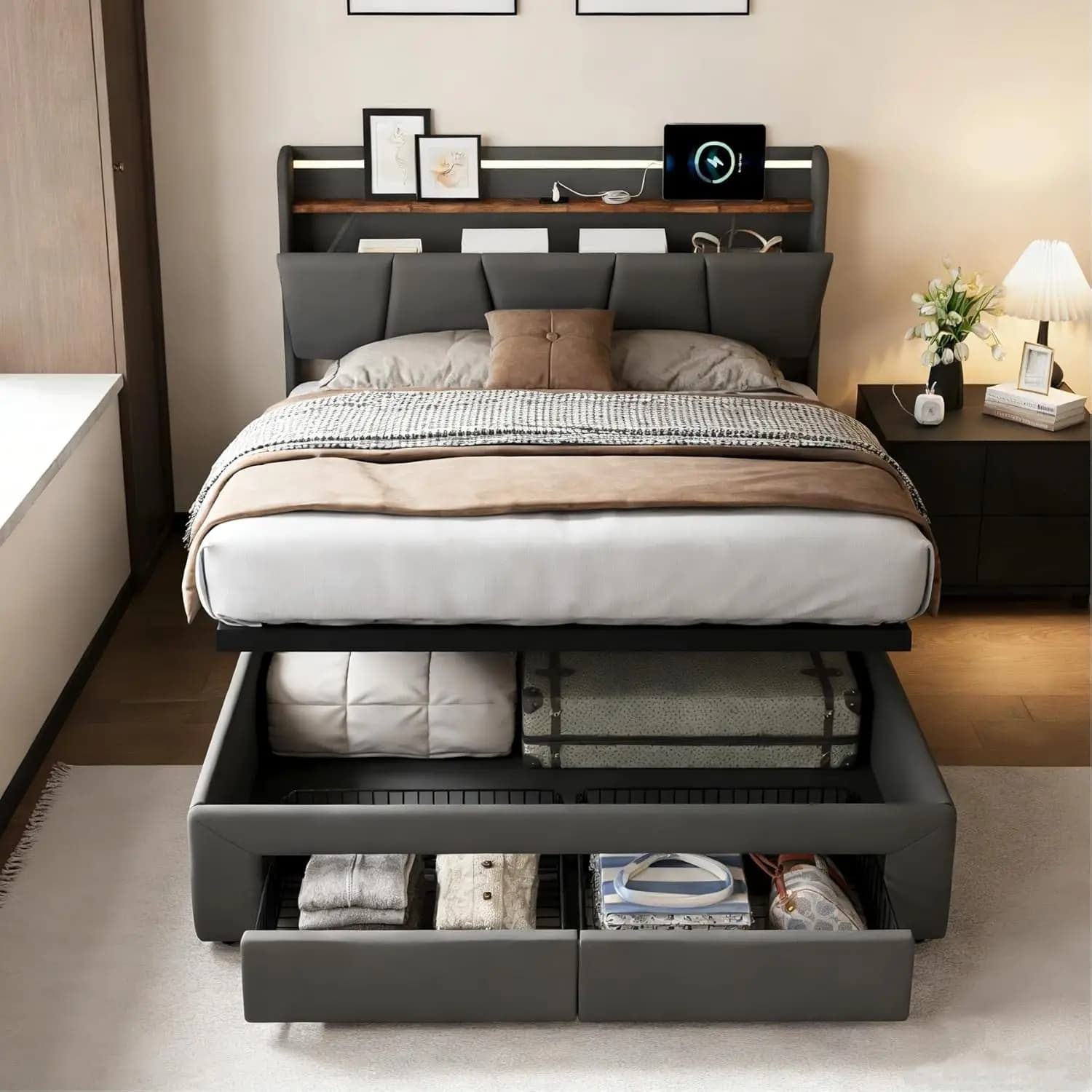 Rosahqnda Upholstered Bed 140*200cm with USB Charging Function and LED Headboard and 2 Drawers,Bed with Wooden Slatted Frame