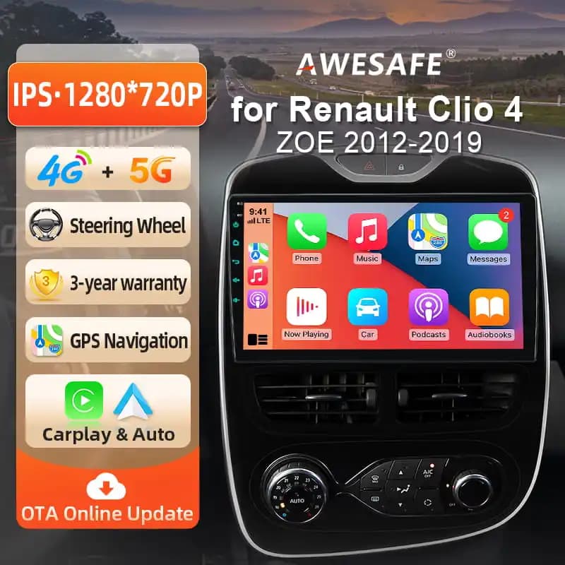 AWESAFE 10" Android Radio For Renault Clio IV Clio 4 2012-2019 Wireless CarPlay & Android Auto GPS Navigation Multimedia Support Steering Wheel