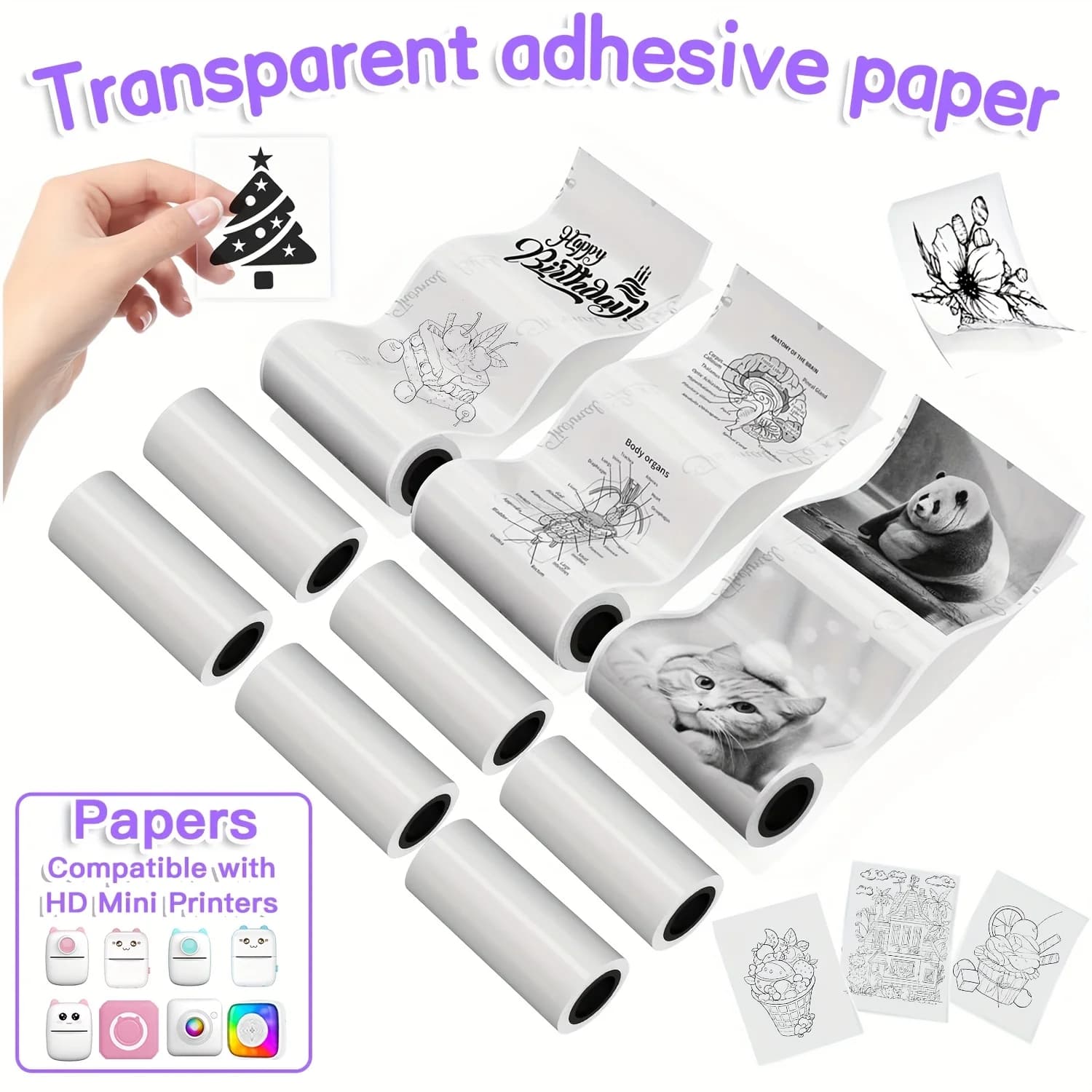 Clear Self-Adhesive Thermal Printer Paper - 57mm Transparent Stickers for Mini Portable Wireless Receipt Printers, HD Print