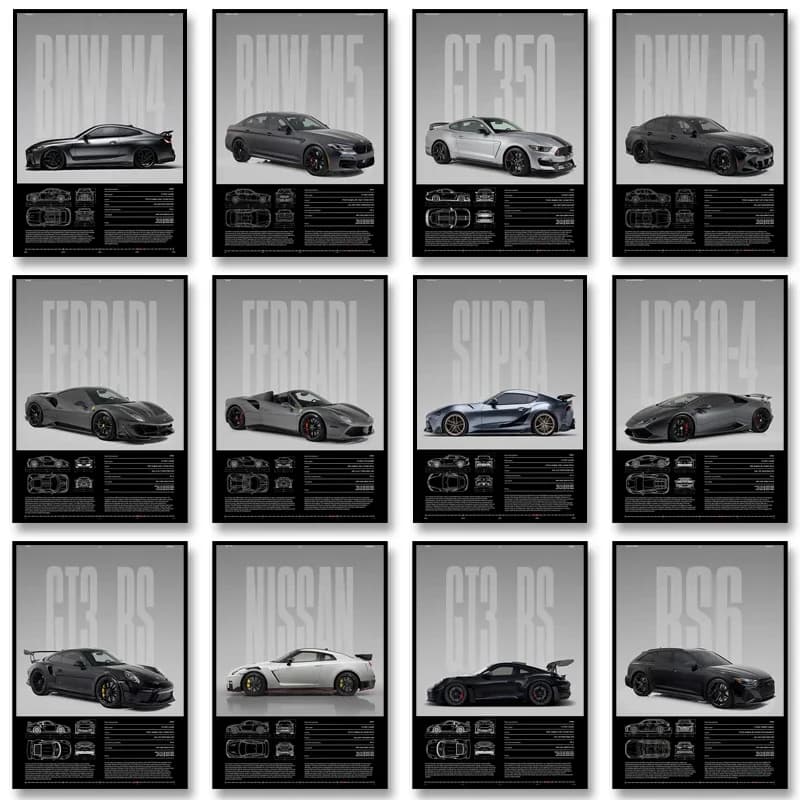 Black & White Famous Cars Posters Classic Car Photography Print Man Cave Canvas Painting Wall Art Pictures for Home Decoration