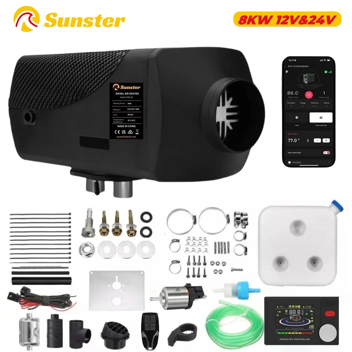 8KW 12V&24V Ultra Quiet Diesel Night Heater Diesel Air Heater With Bluetooth App/LCD Display/Remote Control For Motorhome Garage