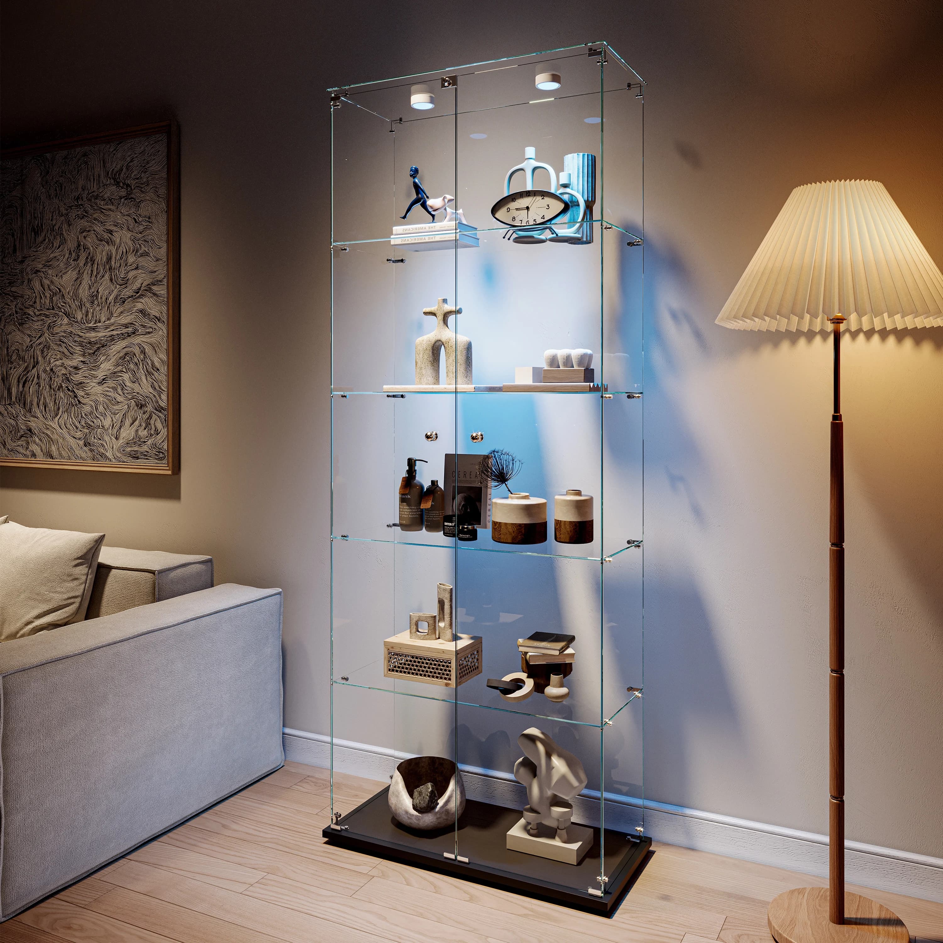 Rosahqnda Standing Glass Display Cabinet,5 Layers Glass Cabinet,Display Cabinet,2 Door with LED and Lock,for Living Room,Black