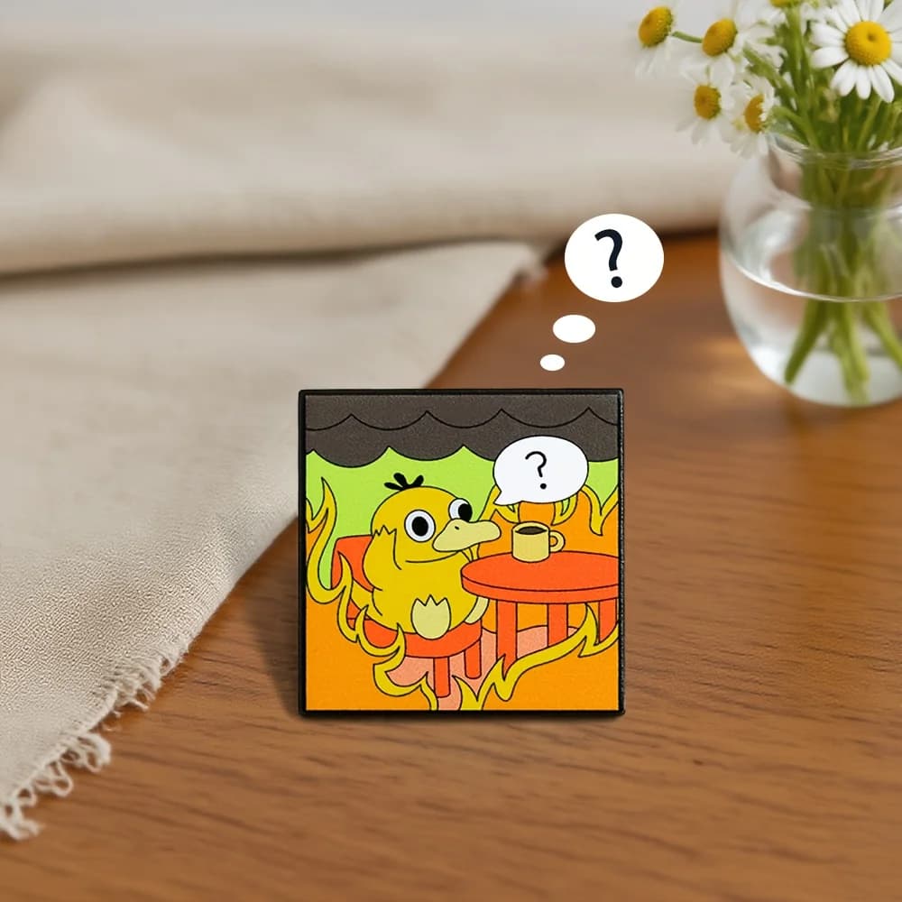 Cute Anime Duck Enamel Pin - House on Fire Design with Confused Duck - Brooch Jewelry Gift for Anime Fans, Funny Animal Badge