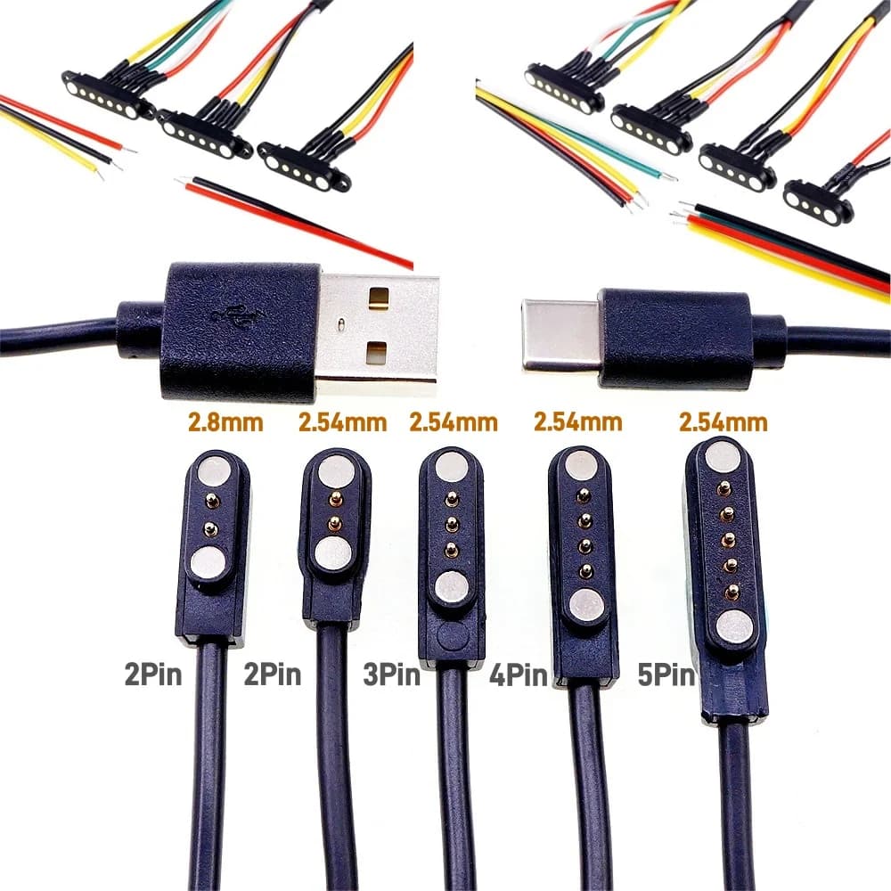 Magnetic Pogo Pin Connector 2 3 4 5 Pin Pogopin Male USB Cable Female Wire Spacing 2.54 2.80mm Spring Loaded 1.5 DC Power Socket