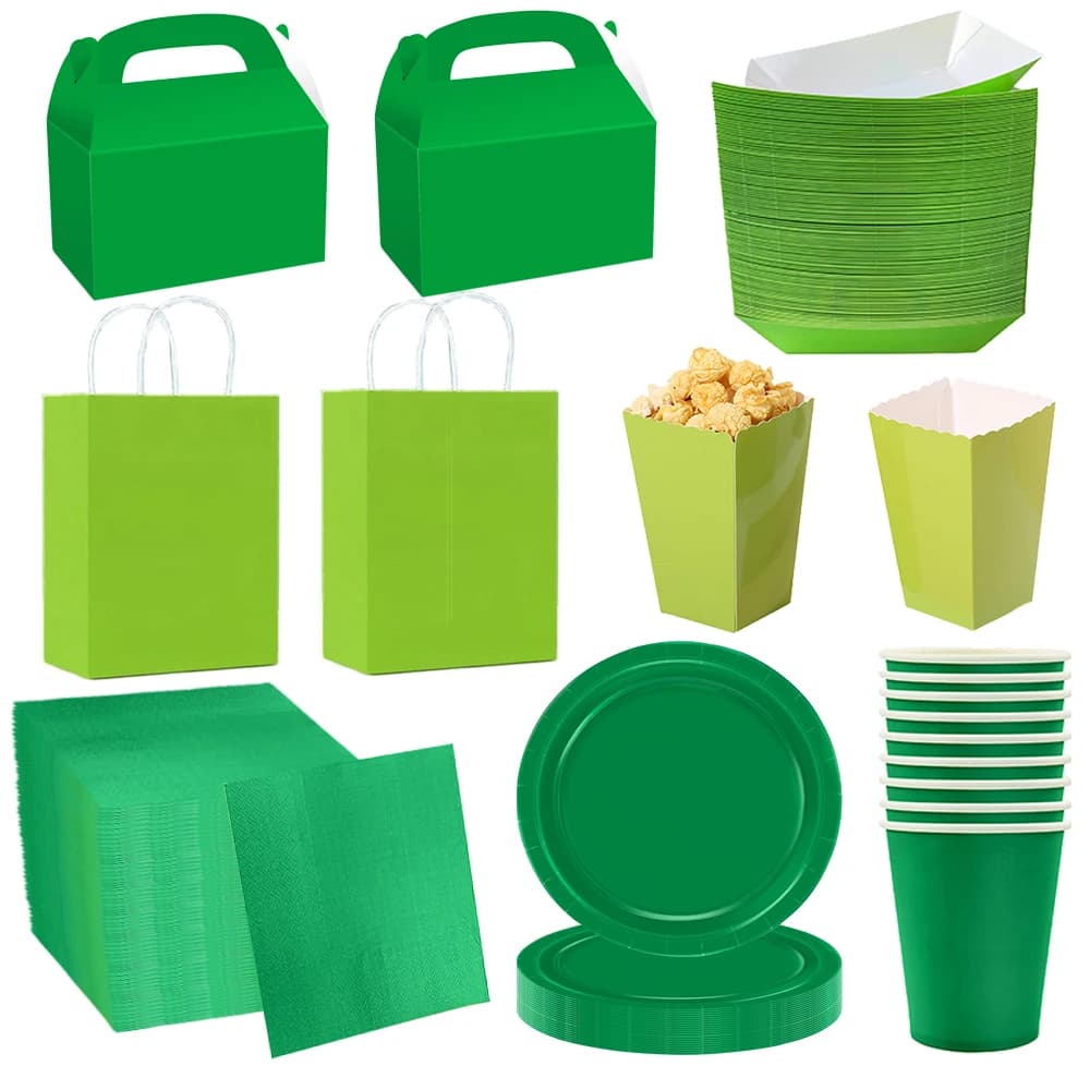 Solid Color Green Party Supplies Paper Plates Napkins Treat Box Gift Bag Food Tray Popcorn Box Holidays Birthday Party Supplies