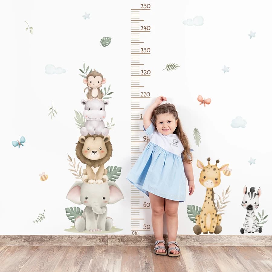 Children's Growth Chart Sticker Jungle Safari Animals Height Ruler - Removable Wall Decals For Nursery Room Baby Kids