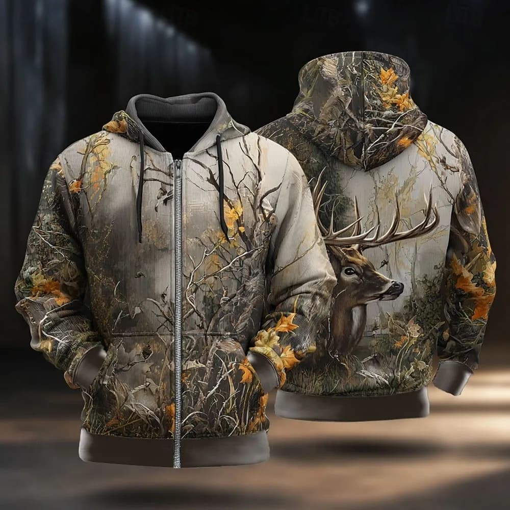 Man Hoodie Camo Deer Hoodie Jacket Sweatshirt Fashion Hooded Vacation Hunting Brown Green Drawstring Zipper Fall Winter Hoodie