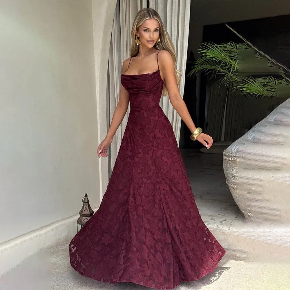 Jacquard Chiffon Long Dress Women's Backless Bandage Dresses Summer Evening Wedding Guest Green White Burgundy Pink Graduation