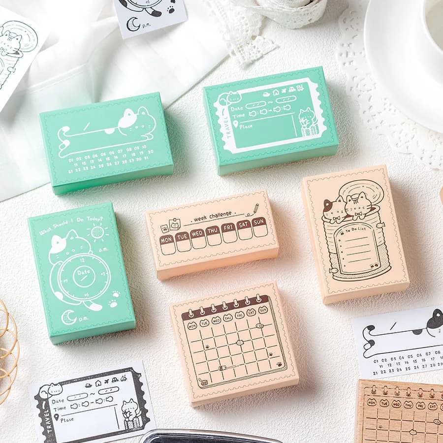 Memo Cat Box Wooden Hand Account Seal Retro Cat Schedule Plan Beech Wood Seal Daily Memo Seal School Supplies Assorted Stamp