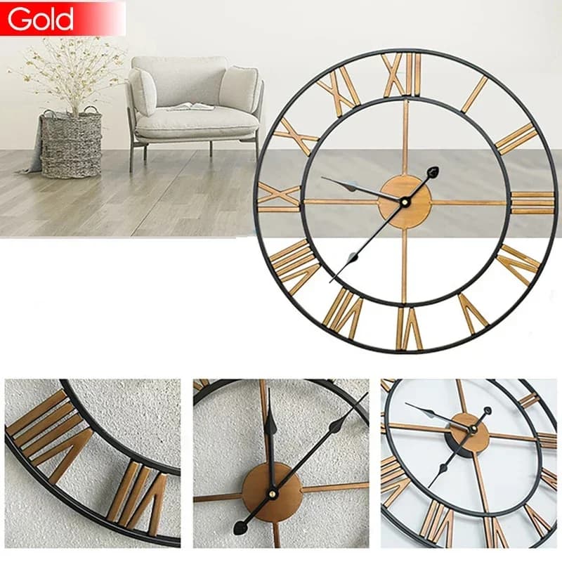 40/47/60/80cm 3D Large Wall Clock with Roman Numerals Art Hollow Round Wall Hanging Vintage Metal Clock for Living Room Home