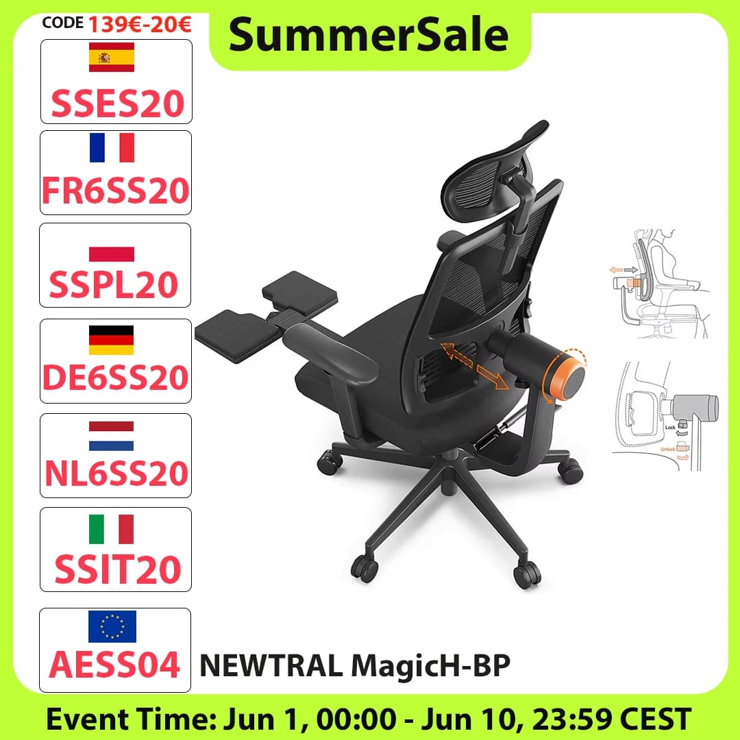 NEWTRAL MagicH-BP Ergonomic Chair with Footrest Auto-Following Backrest Adaptive Lower Back Support Adjustable Armrest Headrest