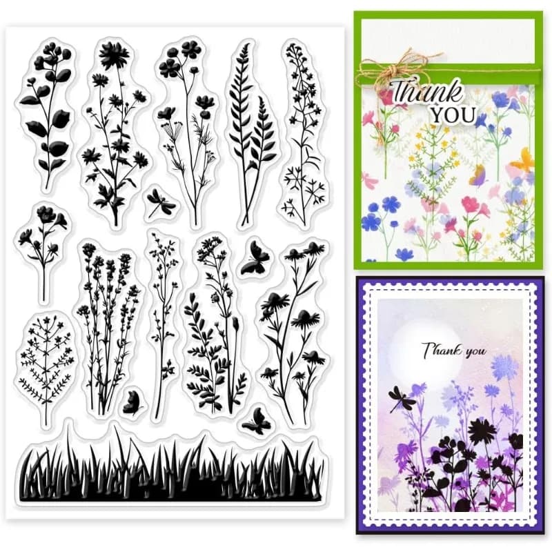 1 pc Wildflower Meadow Silhouette Clear Stamp Vintage Flowers Plants Clear Rubber Stamps Silicone Stamps 6.3x4.33inch