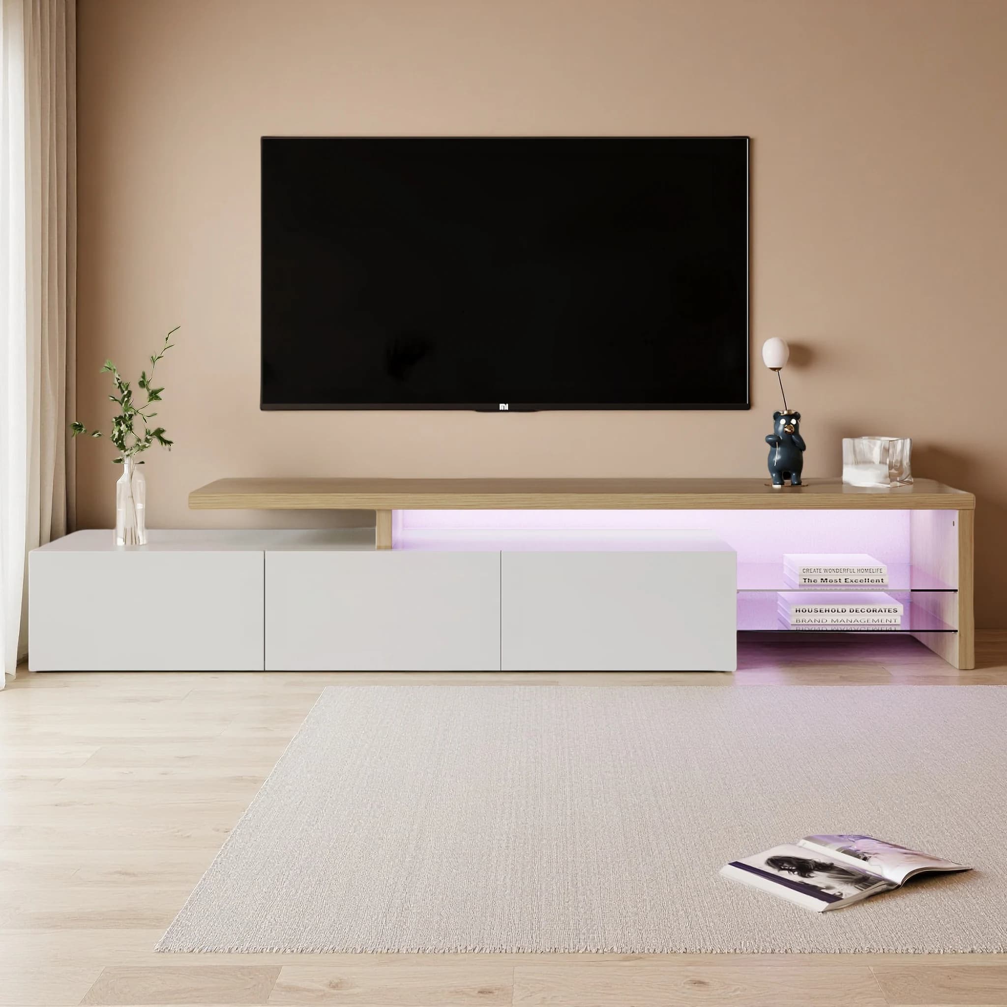 Rosahqnda TV Cabinet for Living Room,TV Lowboard with LED,Sideboard,2 Glass Partition,3 Drawers,White/Black High Gloss