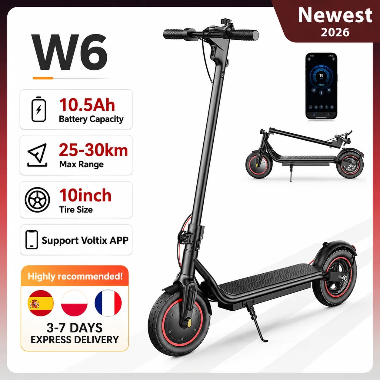 10 inch W6 Electric Scooter 36V 10.5Ah 25-30km Range Inflatable Tire Speed Rear Disc Brake E Scooter With App