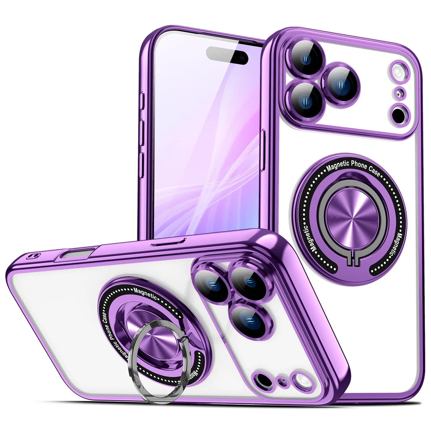 For iPhone 17 16 15 14 13 12 11 Pro Max Plus Magnetic Ring Stand Holder Back Cover Luxury Plating Clear For Magsafe Bracket Case