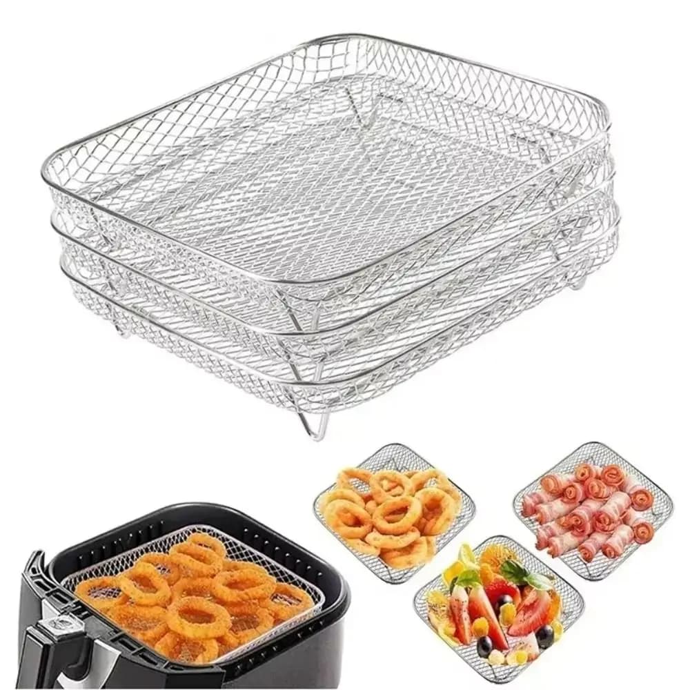 Stainless Steel Grill Basket Non-Stick Airfryer Tray Wire Rack Air Fryer Rack Stackable Grilling Rack Basket Kitchen Gadgets