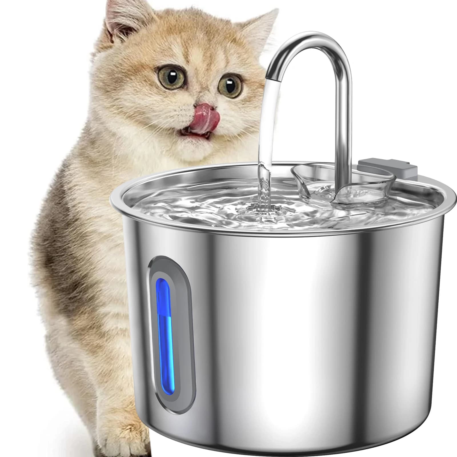 Cat Water Fountain, 2.2L Stainless Steel  Automatic Pet Water Dispenser with Upgraded Quiet Pump and Visible Window, Includes 2